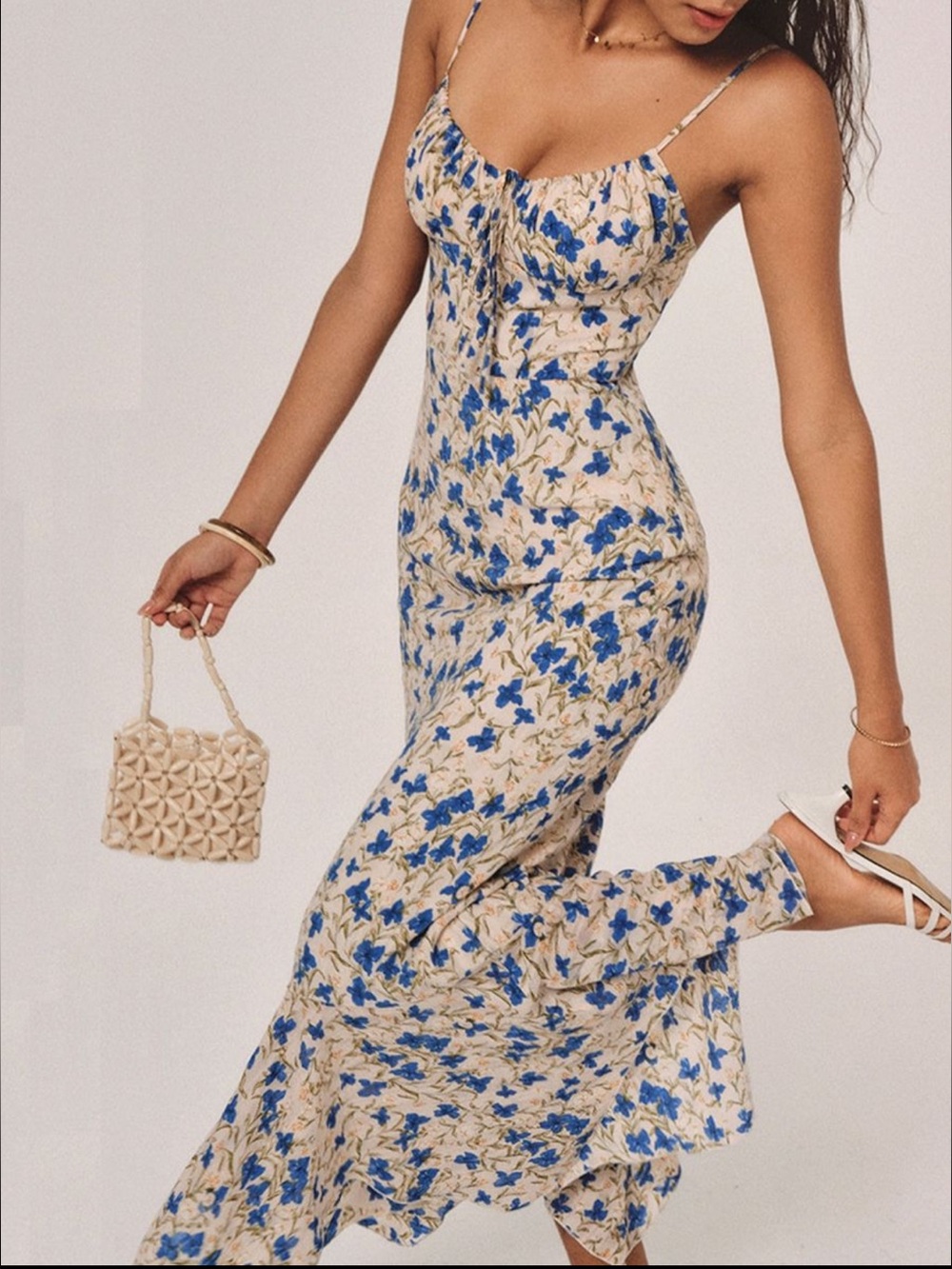 🔹 Commense Floral Slip Maxi Dress in Cream and Blue Size Medium - Picture 5 of 5
